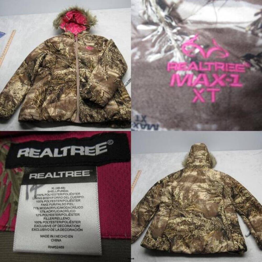 Realtree Camo Jacket Womens XL Brown Faux Fur Hood Trim Full Zip Puffer Winter